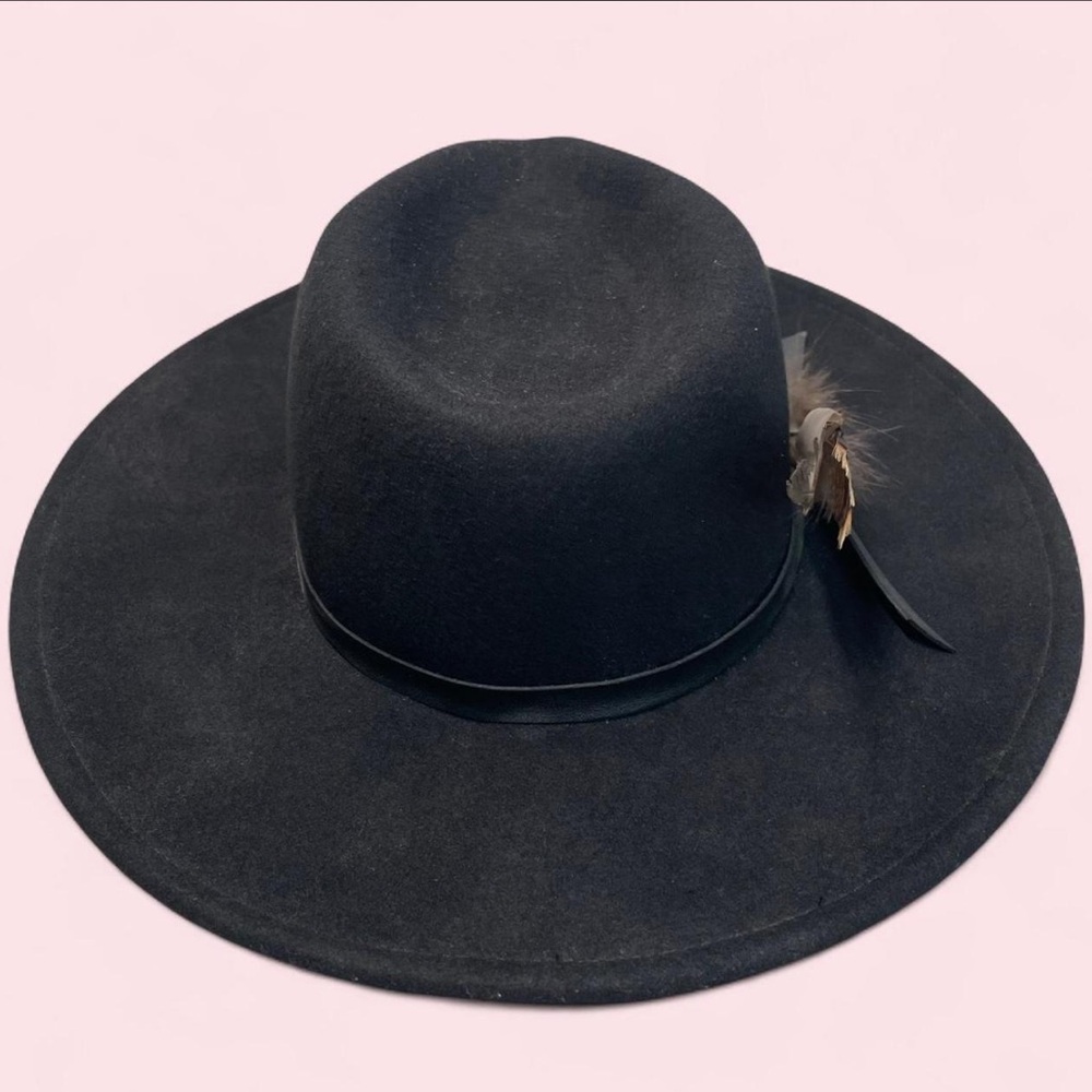Wide Brim Black Wool Felt Fedora with Turkey Feather Detail - Picture 2 of 8